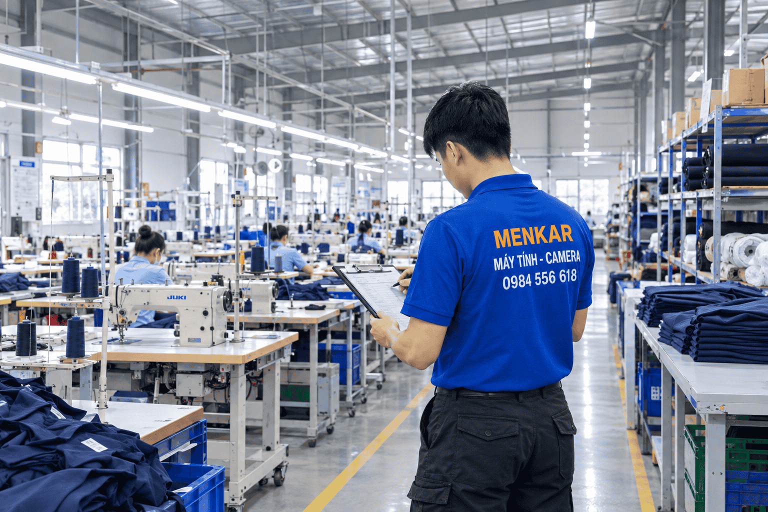 nhân viên đang khảo sát xưởng may
