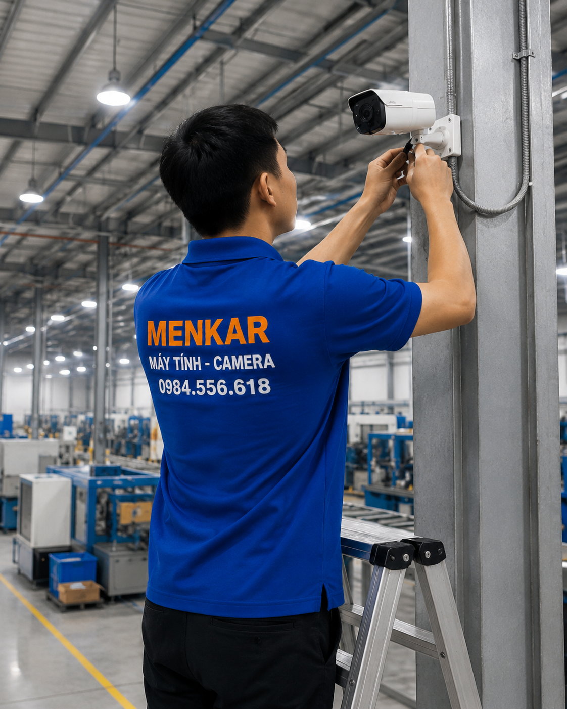 nhân viên lắp camera trong xưởng